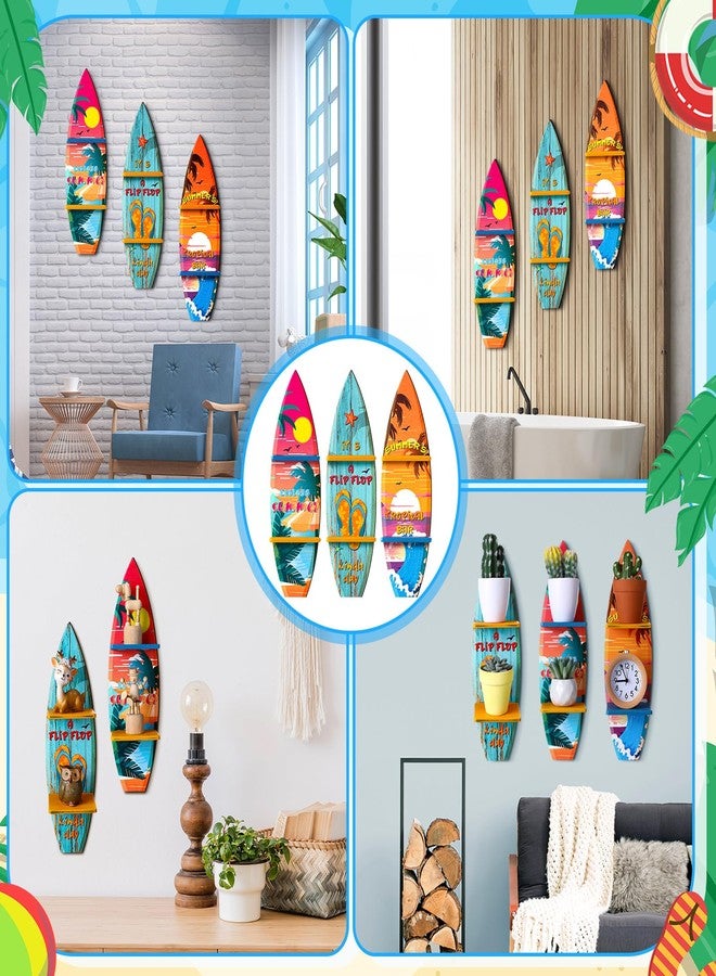 Lineshading 3 Pcs Surfboard Wooden Wall Shelf Surfboard Decor Hanging Sign with Shelf Beach Home Decor Decorative Surfboards for Wall Room Party Tropical Decoration(Summer) - Image 2